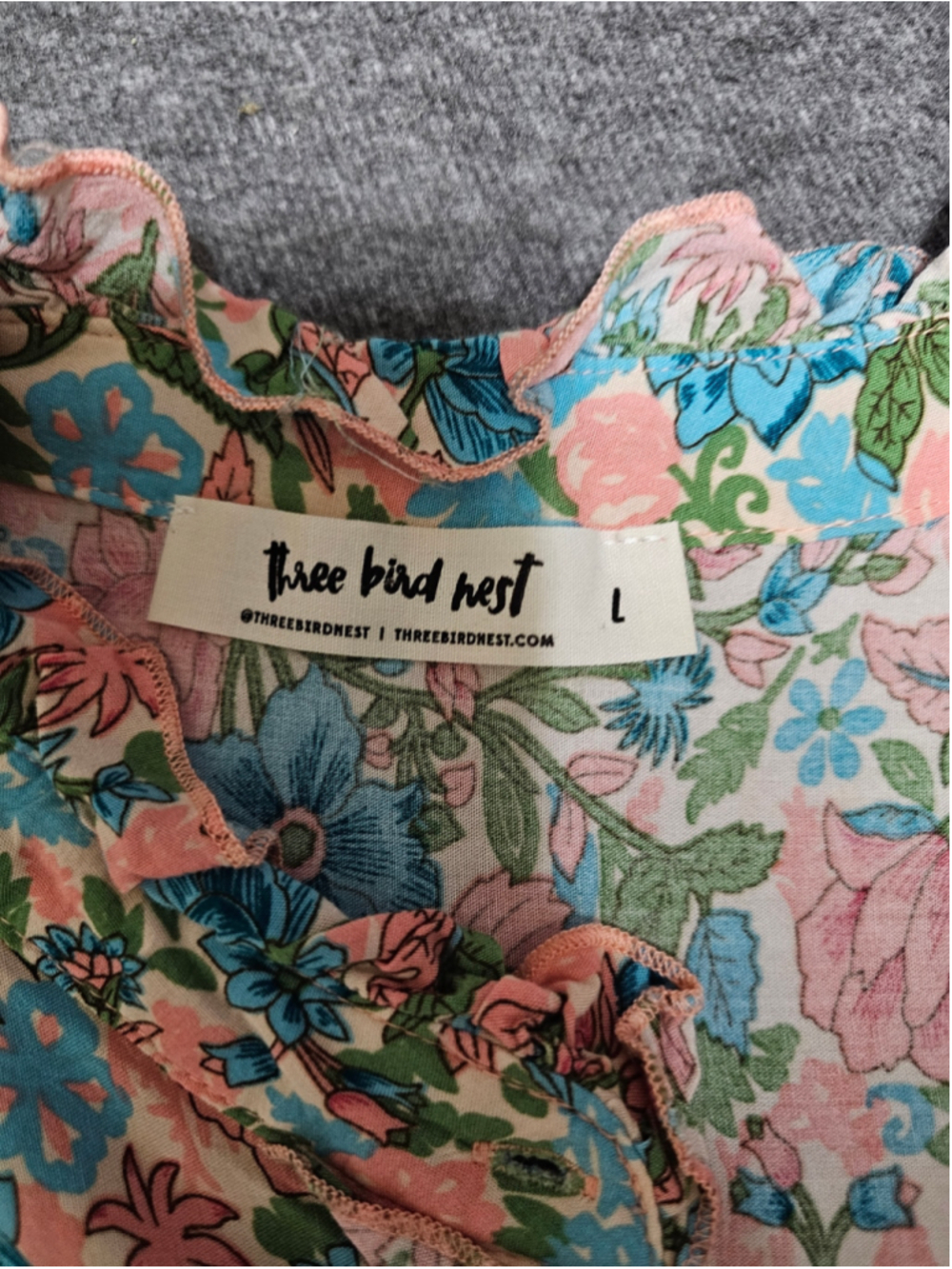 Three Bird Nest Boho Floral Maxi Dress Size L Pink Blue Tiered - Picture 4 of 8